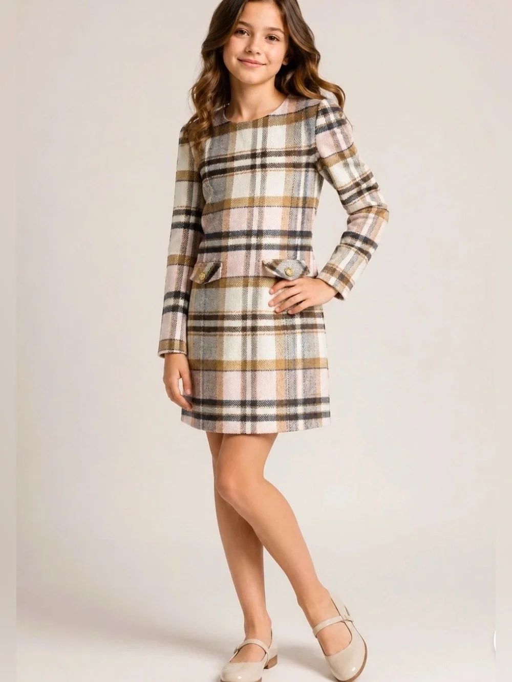 NWT Katie J NYC Girls Plaid Pink Gray Dress with Gold Buttons Size XS